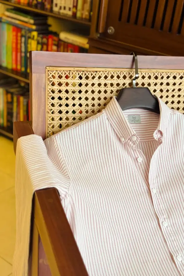 Off White With Red Stripe Oxford Cotton