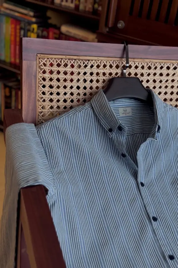 Blue With White Black Stripe Premium Textured Cotton