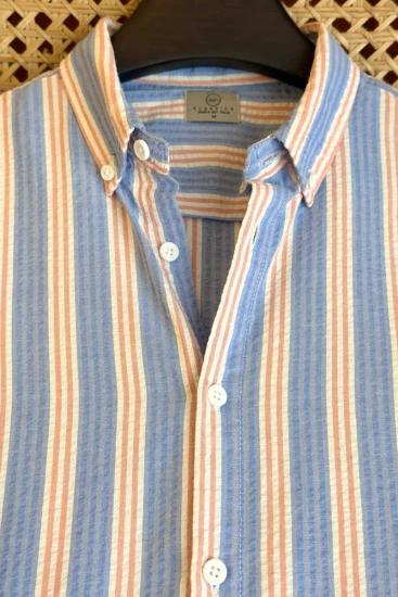 Blue with Peach & Off-White Vertical Stripes