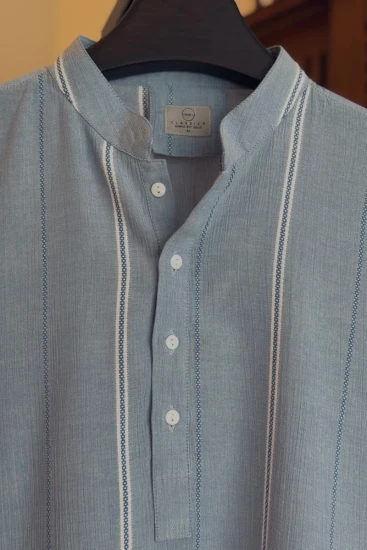 Soft Steel Blue with White-Navy Textured Stripes Panjabi